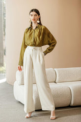 Olive Sheen Button-Up Blouse